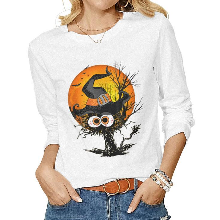 Funny Halloween Black Cat Costume Witch Hat & Moon Men Women  Women Graphic Long Sleeve T-shirt