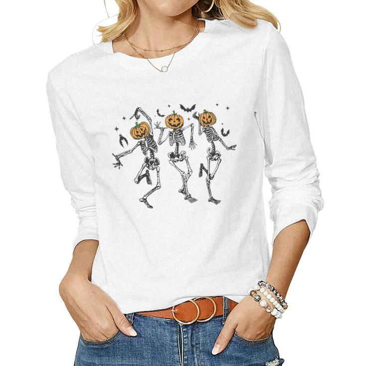 Funny Halloween Pumpkin Dancing Skeleton Costume Women Men  Women Graphic Long Sleeve T-shirt