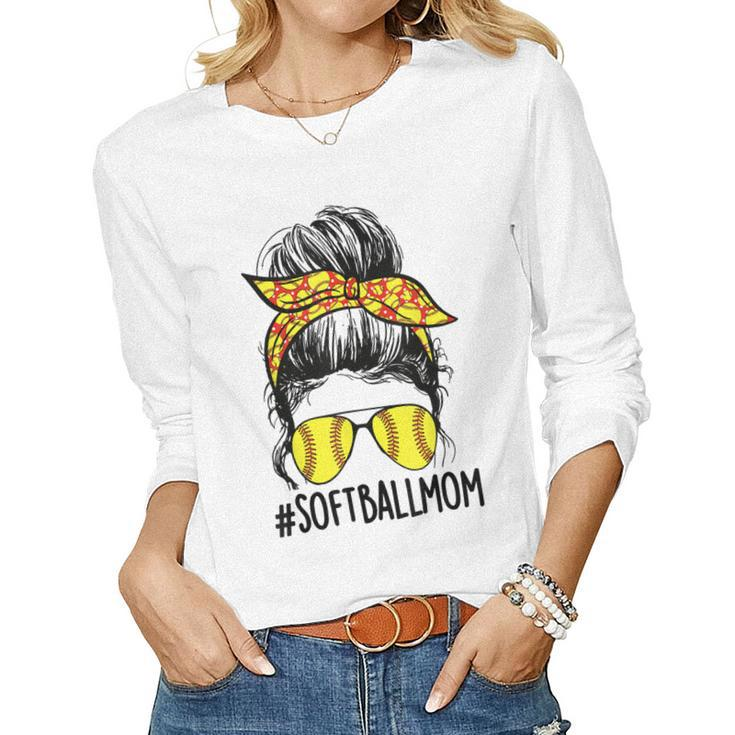 Funny Softball Mom Messy Bun Mama Mothers Day Sporty Mom  Women Graphic Long Sleeve T-shirt