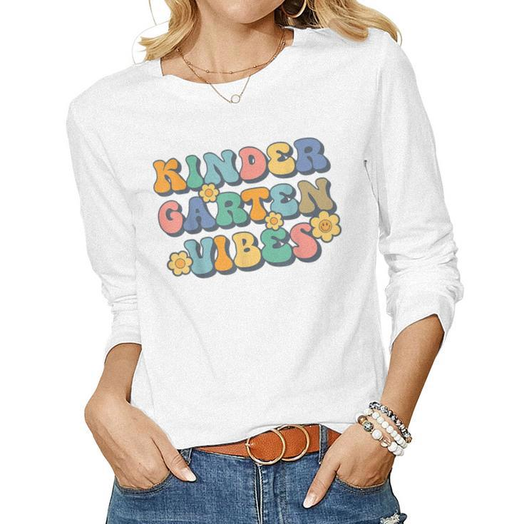 Groovy Hello Kindergarten Vibes Retro Teacher Back To School  V2 Women Graphic Long Sleeve T-shirt