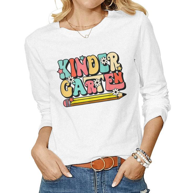 Groovy Hello Kindergarten Vibes Retro Teacher Back To School  Women Graphic Long Sleeve T-shirt