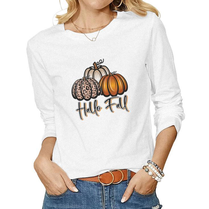 Hallo Fall Three Pumpkins Women Graphic Long Sleeve T-shirt