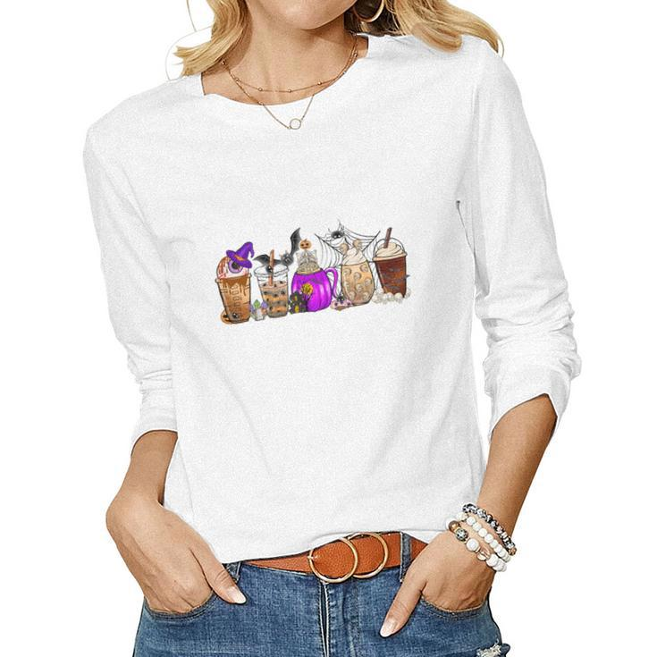 Halloween Coffee Fall Gift Drinking Women Graphic Long Sleeve T-shirt