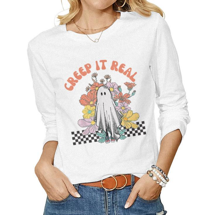 Halloween Costume Retro Creep It Real Ghost With Flowers  Women Graphic Long Sleeve T-shirt