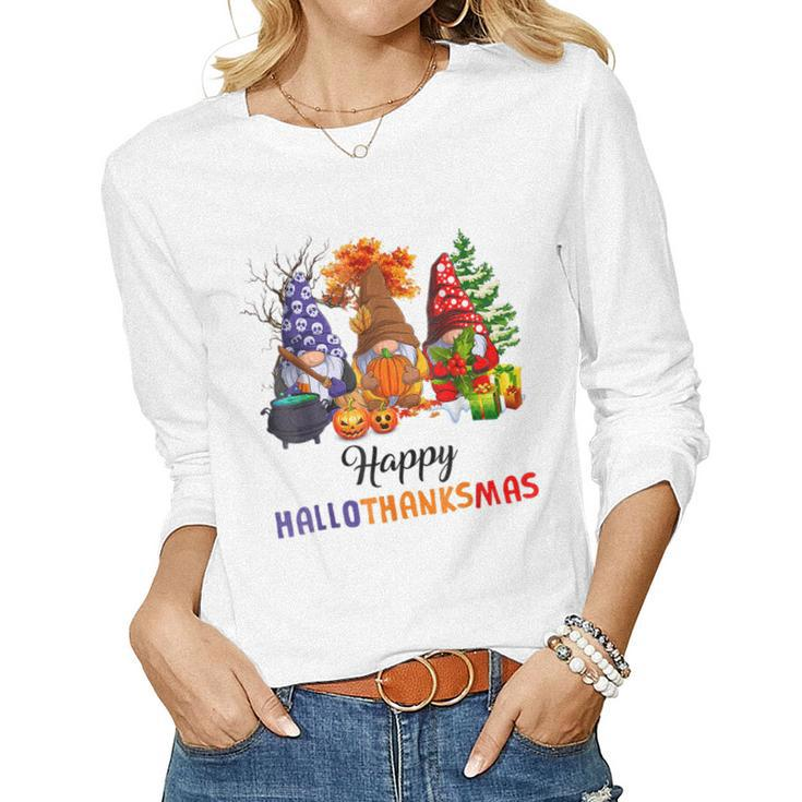 Halloween Thanksgiving Christmas Happy Hallothanksmas Gnomes  V11 Women Graphic Long Sleeve T-shirt
