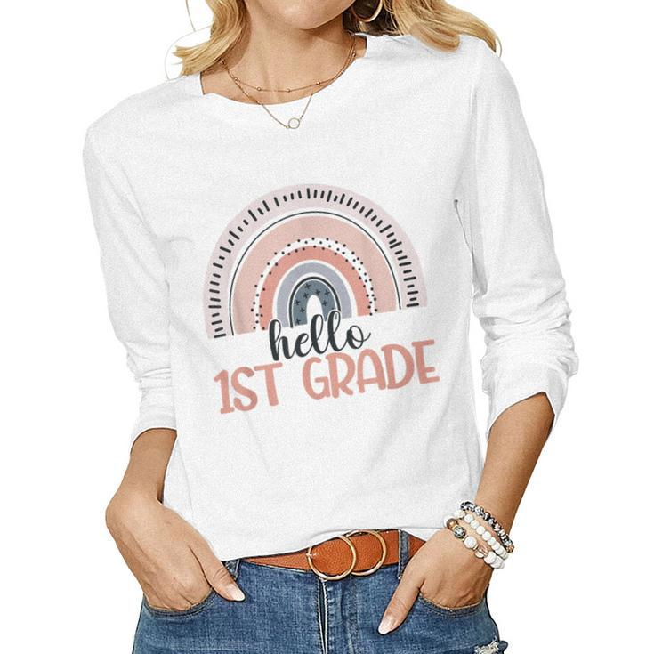 Hello 1St Grade Boho Rainbow First Grade Teacher Student  Women Graphic Long Sleeve T-shirt