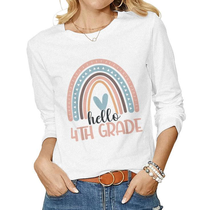 Hello 4Th Grade Boho Rainbow Fourth Grade Teacher Student  Women Graphic Long Sleeve T-shirt