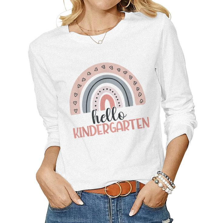 Hello Kindergarten Back To School Boho Rainbow Teacher  Women Graphic Long Sleeve T-shirt