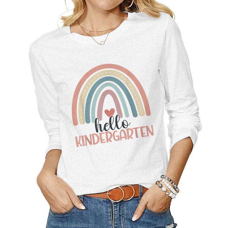 Hello Kindergarten Rainbow Cute Kinder Boho Rainbow Teacher  Women Graphic Long Sleeve T-shirt