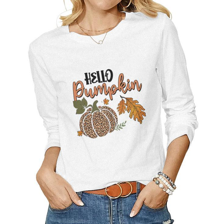 Hello Pumpkin Leopard Plaid Autumn Leaves Fall Women Graphic Long Sleeve T-shirt