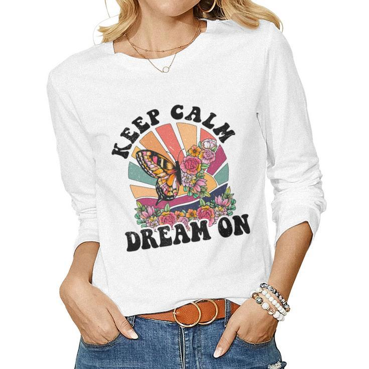 Keep Calm Dream On Vintage Boho Design V2 Women Graphic Long Sleeve T-shirt