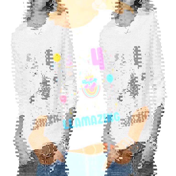 Kids 4Th Birthday I Am 4 Years Old And Llamazing Llama Girl Ns Women Graphic Long Sleeve T-shirt