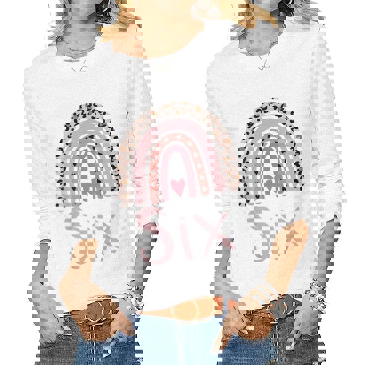 Kids 6 Year Old Leopard Rainbow Birthday Party Cute Girl 6Th Gift Women Graphic Long Sleeve T-shirt