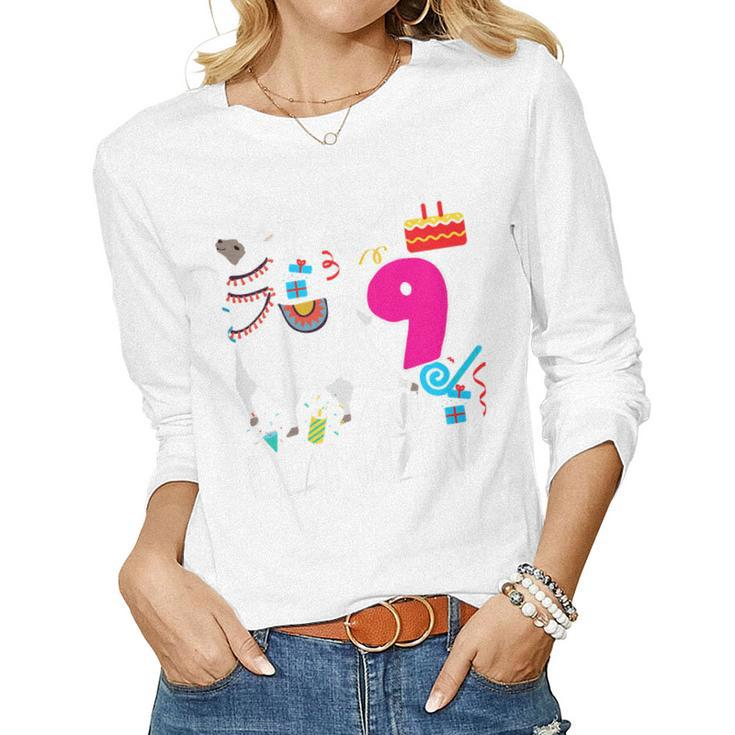 Kids 9 Year Old I Am 9 Years Old And Llamazing Llama 9Th Birthday  Women Graphic Long Sleeve T-shirt