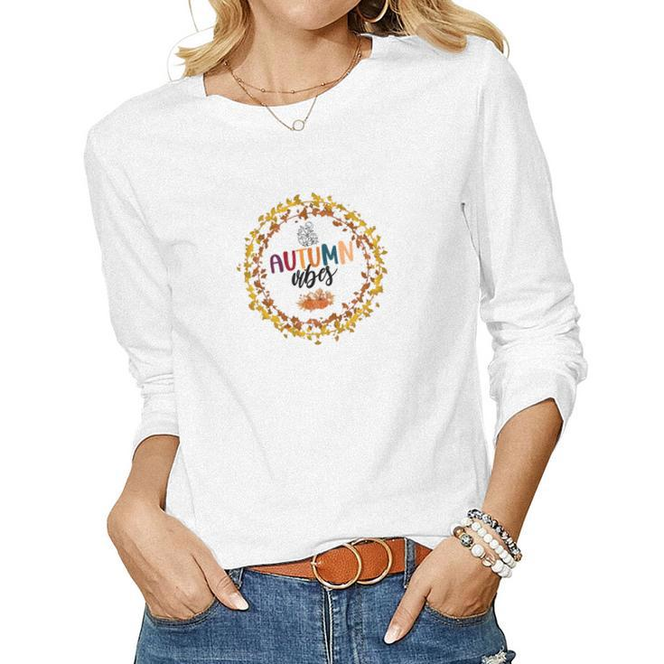 Leaves Wreath Autumn Vibes Fall Lovers Women Graphic Long Sleeve T-shirt