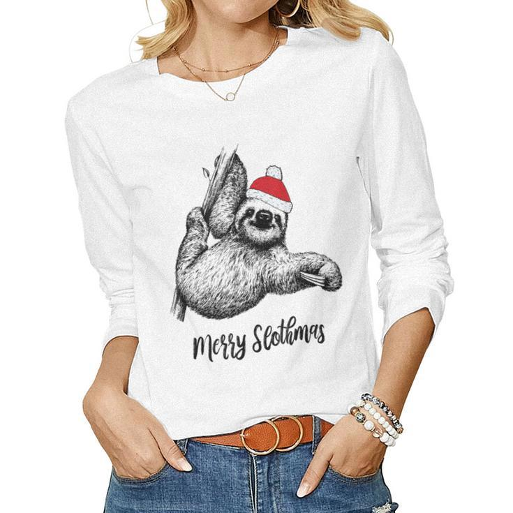 Merry Slothmas Christmas Pajama Santa Hat For Sloth Lovers  Women Graphic Long Sleeve T-shirt