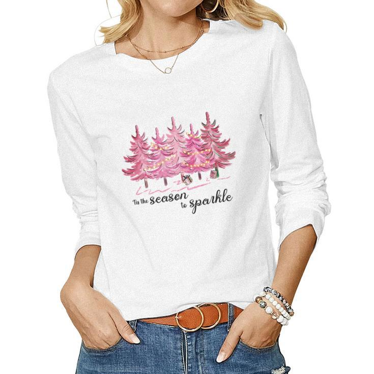 Minimalist Christmas Tree Pink ChristmasTis The Season To Sparkle Women Graphic Long Sleeve T-shirt