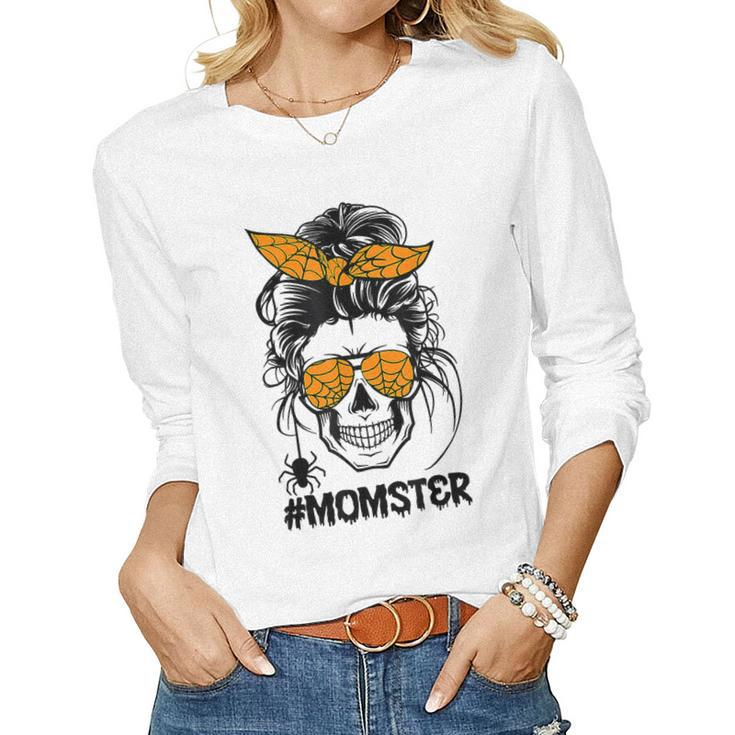 Momster Halloween Costume Skull Mom Messy Hair Bun Monster  V6 Women Graphic Long Sleeve T-shirt
