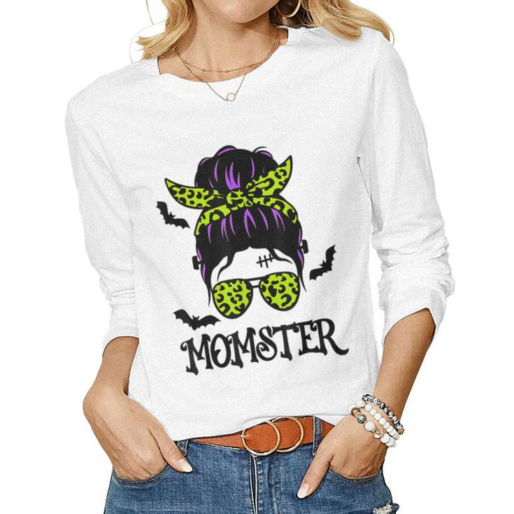 Momster  Womens Halloween Messy Bun Mom Ster  V3 Women Graphic Long Sleeve T-shirt