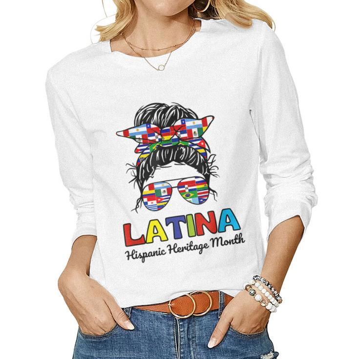N Girl Women Messy Bun Latina Hispanic Heritage Month  Women Graphic Long Sleeve T-shirt