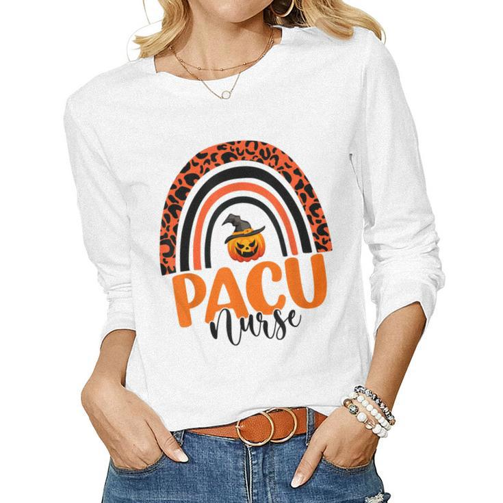Pacu Nurse Leopard Rainbow Halloween Pumpkin Nursing  Women Graphic Long Sleeve T-shirt