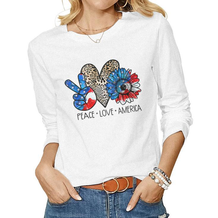 Peace Love America Leopard Sunflower 4Th Of July Patriotic  Women Graphic Long Sleeve T-shirt