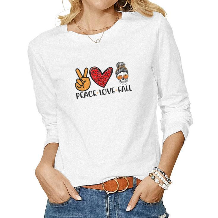 Peace Love Fall Messy Bun Girl Women Graphic Long Sleeve T-shirt