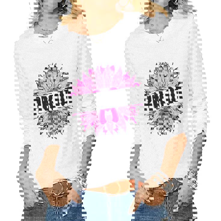 Pink Out Breast Cancer Awareness Sunflower Pink Women Graphic Long Sleeve T-shirt