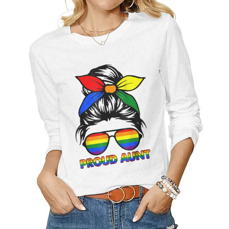 Proud Aunt Messy Bun Rainbow Lgbt Gay Pride Month  Women Graphic Long Sleeve T-shirt