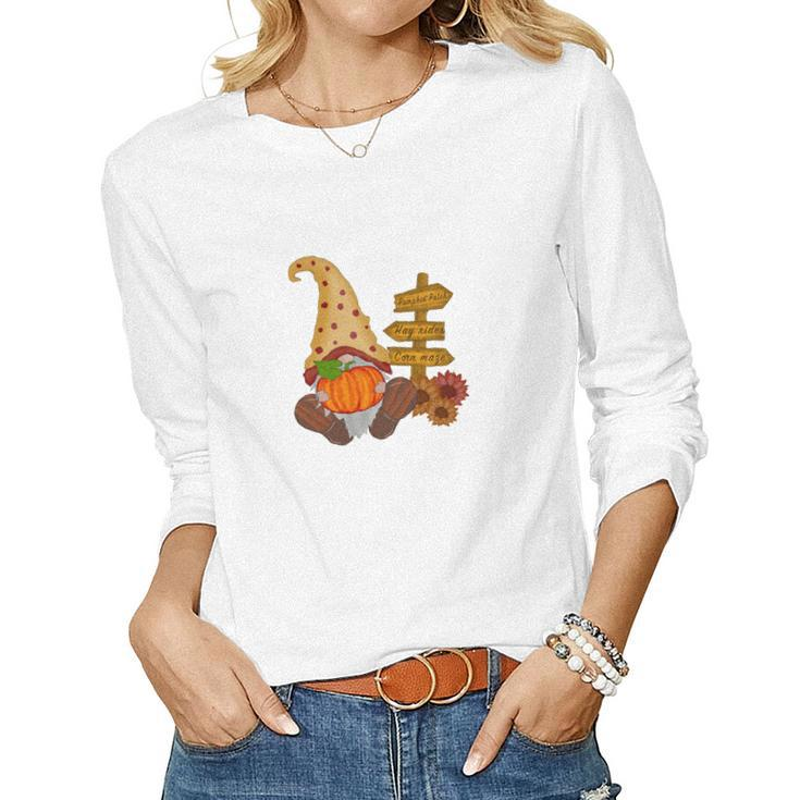 Pumpkin Patch Hay Rides Corn Maze Fall Gnomes Women Graphic Long Sleeve T-shirt