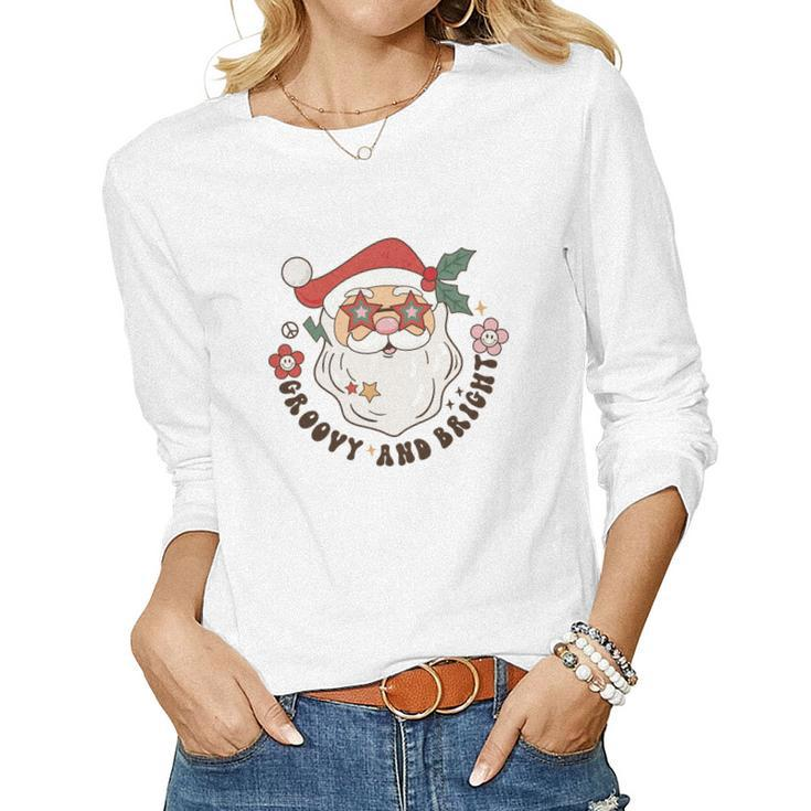 Retro Christmas Groovy And Bright Santa Women Graphic Long Sleeve T-shirt