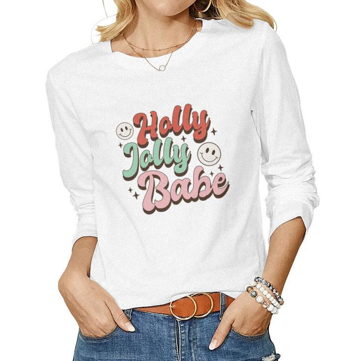 Retro Christmas Holly Jolly Babe Smiley Face Vintage Christmas Women Graphic Long Sleeve T-shirt