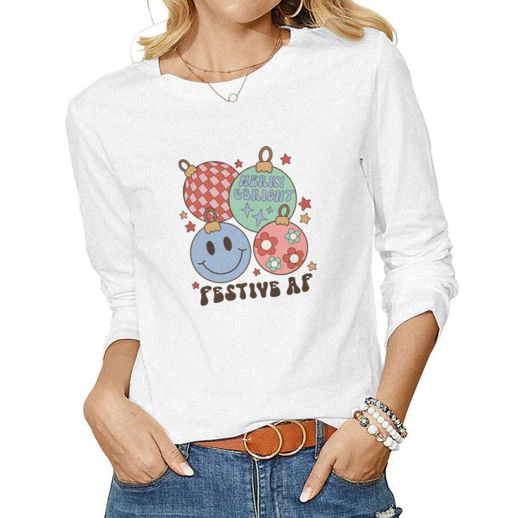 Retro Christmas Merry Bright Smiley Face Women Graphic Long Sleeve T-shirt