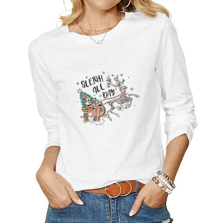 Retro Christmas Skeleton Funny Sleigh All Day Women Graphic Long Sleeve T-shirt