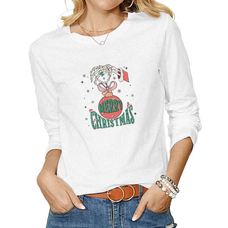 Retro Christmas Skeleton Hand Merry Christmas Gift Women Graphic Long Sleeve T-shirt