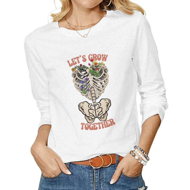 Skeleton And Plants Lets Grow Together Women Graphic Long Sleeve T-shirt