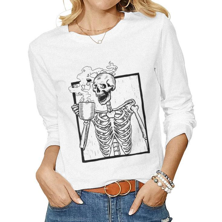 Skeleton Drink Coffee Funny Skeleton Halloween Costume  Women Graphic Long Sleeve T-shirt
