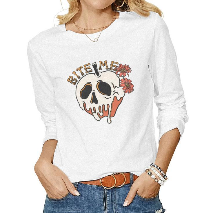 Skeleton Halloween Bite Me Spooky Design Women Graphic Long Sleeve T-shirt