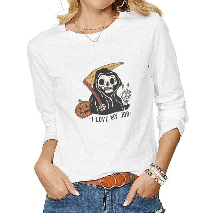 Skeleton Halloween I Love My Job Cute The Death Design Women Graphic Long Sleeve T-shirt