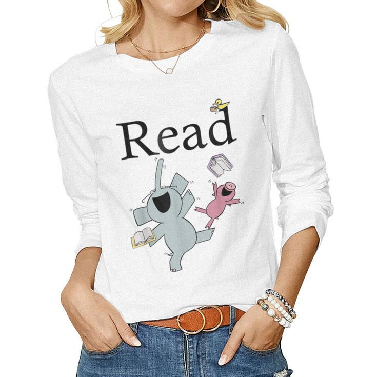 Teacher Library Read Book Club Piggie Elephant Pigeons Funny  Women Graphic Long Sleeve T-shirt