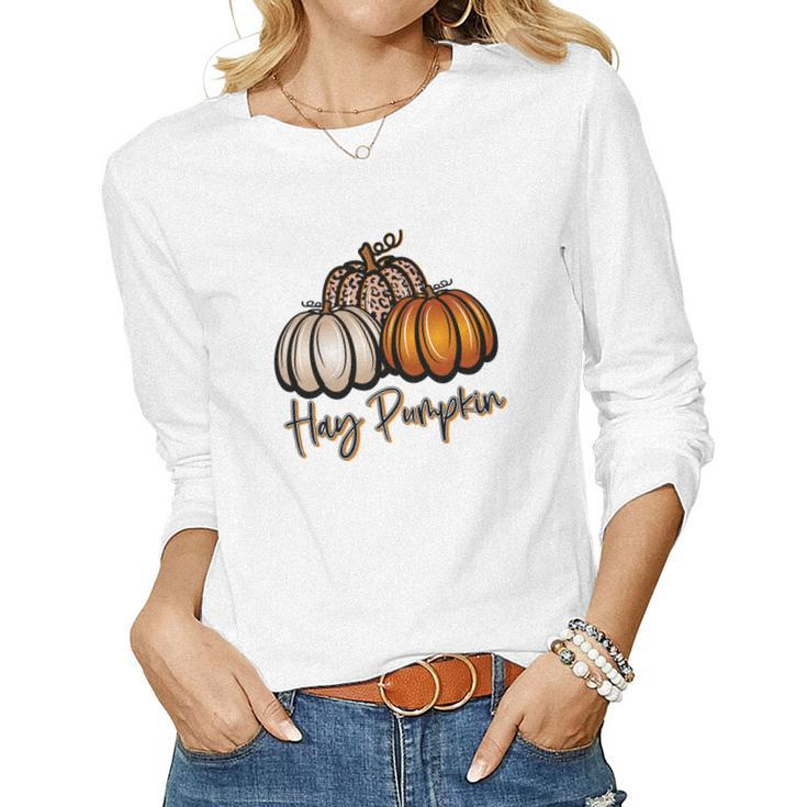 Three Pumpkins Hay Pumpkin Fall Women Graphic Long Sleeve T-shirt