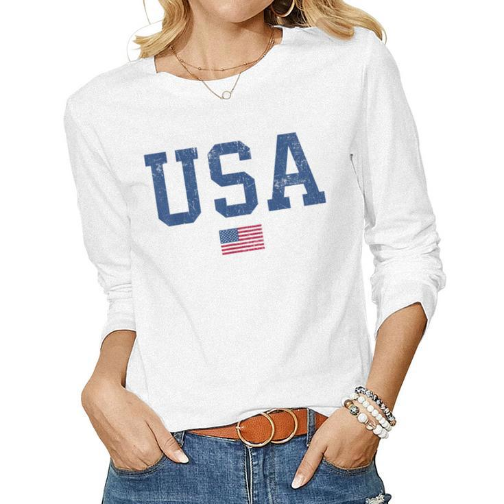 Usa  Women Men Kids Patriotic American Flag Distressed  Women Graphic Long Sleeve T-shirt