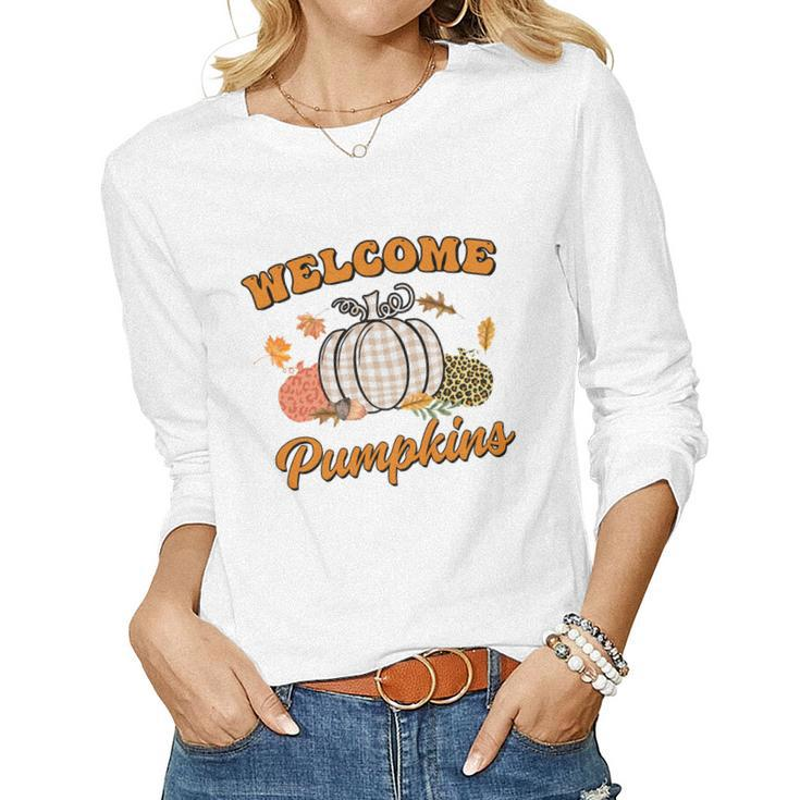 Welcome Pumpkin Leopard Plaid Autumn Fall Women Graphic Long Sleeve T-shirt