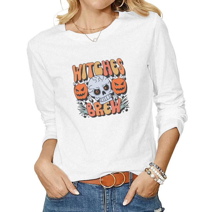 Witches Crew Pumpkin Skull Groovy Fall Women Graphic Long Sleeve T-shirt