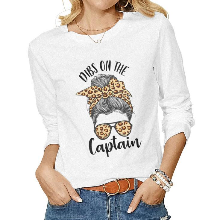 Womens Funny Captain Wife Dibs On The Captain Saying Cute Messy Bun  Women Graphic Long Sleeve T-shirt