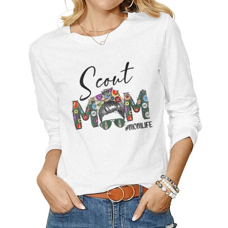 Womens Mothers Day Womens Scouting Scout Mom Life Messy Bun Hair  Women Graphic Long Sleeve T-shirt