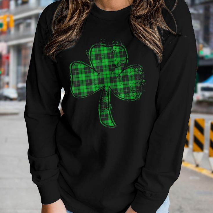 Green Buffalo Plaid Shamrock Lucky St Patricks Day Womens Women Graphic Long Sleeve T-shirt Gifts for Her