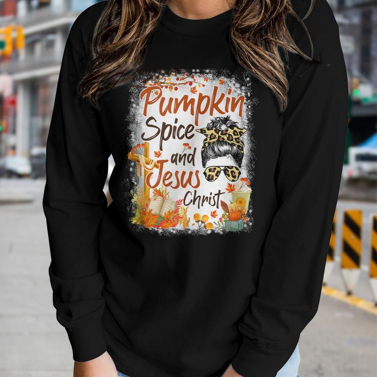 Pumpkin Spice And Jesus Christ Leopard Messy Bun Fall Women Graphic Long Sleeve T-shirt Gifts for Her