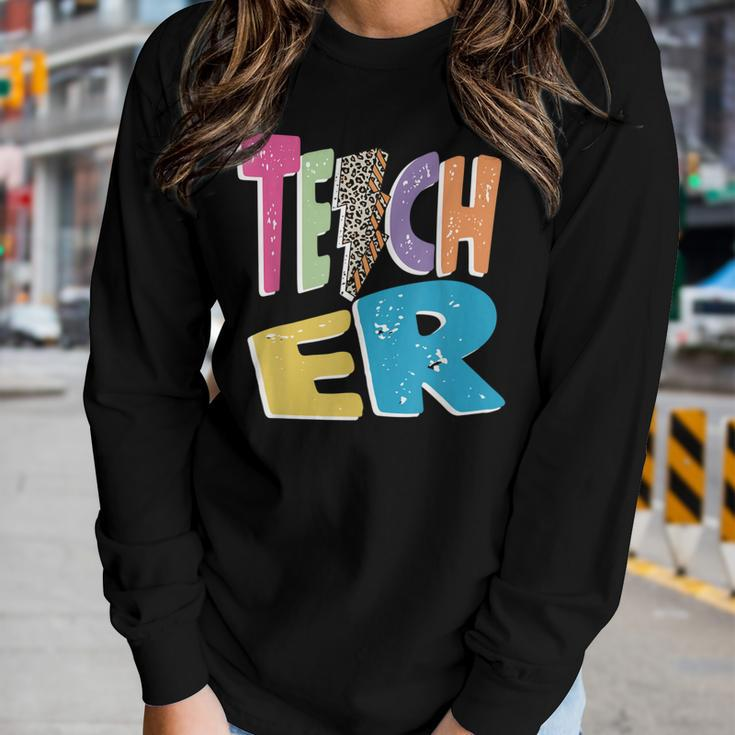 Teacher Colorful Distressed Leopard Lightning Bolt Trendy Women Graphic Long Sleeve T-shirt Gifts for Her