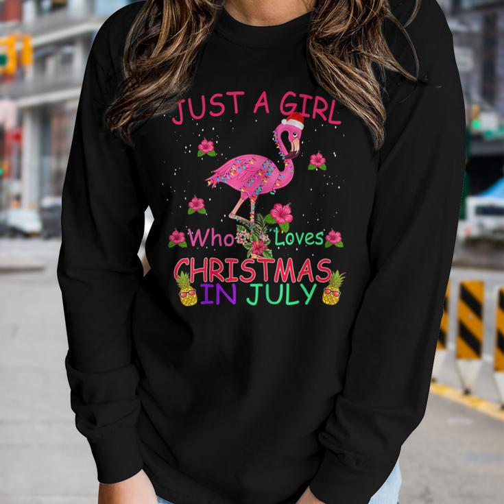 Womens Just A Girl Who Loves Christmas In July Flamingo Women Graphic Long Sleeve T-shirt Gifts for Her